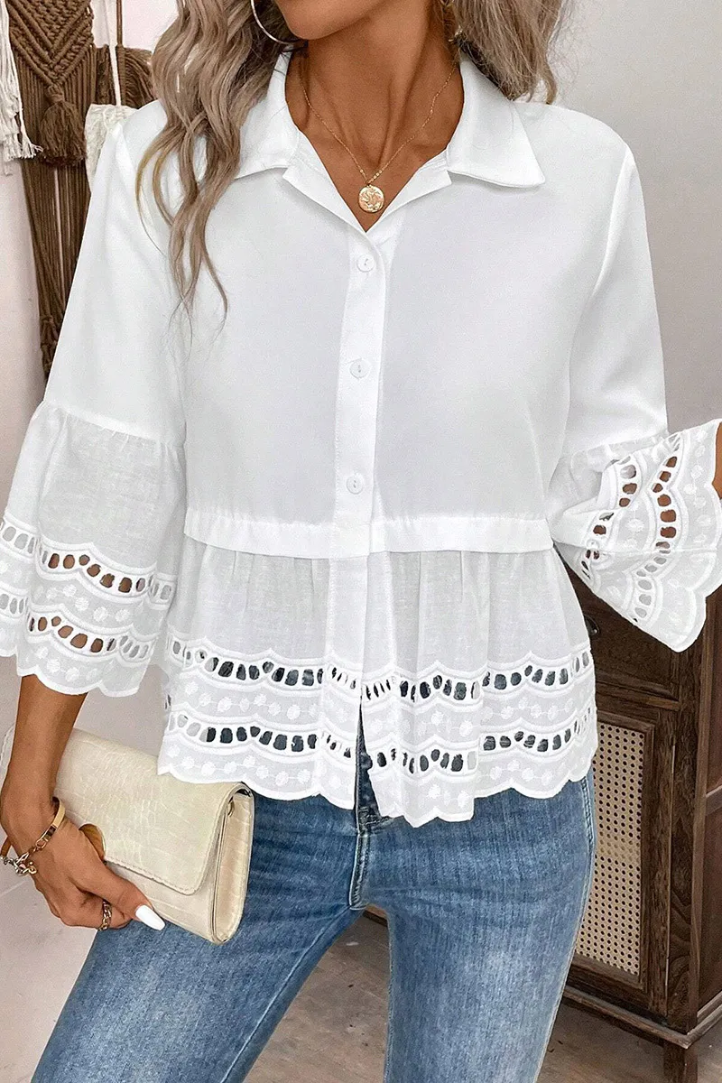 Solid Eyelet Embroidery Scallop Trim Bell Sleeve Shirt