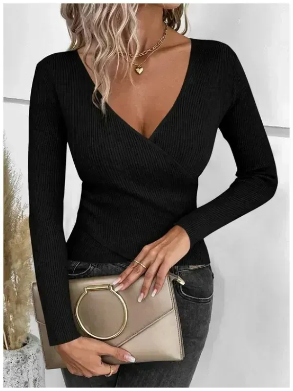 Ribbed Knit Wrap Cross Sweater