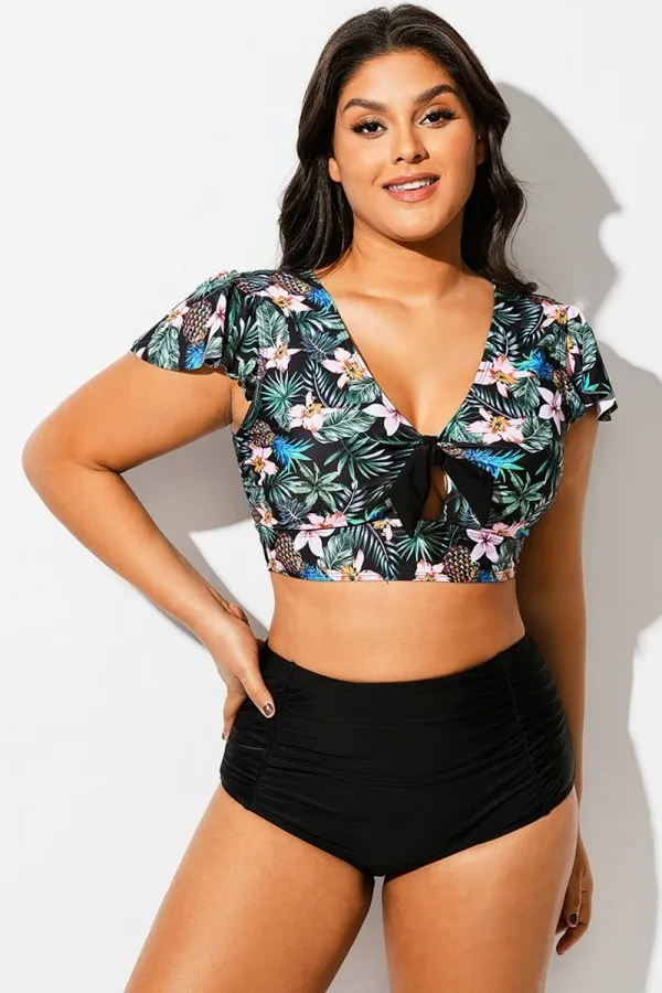 Tropical Print Retro Women Bikini Top With Sleeves
