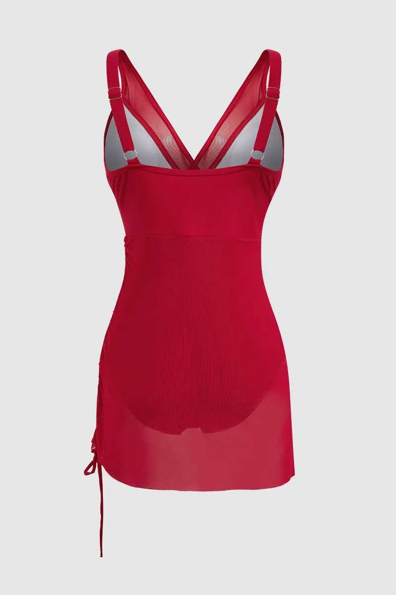 Solid Contrast Mesh Drawstring Side Plunging Neck One Piece Swimsuit