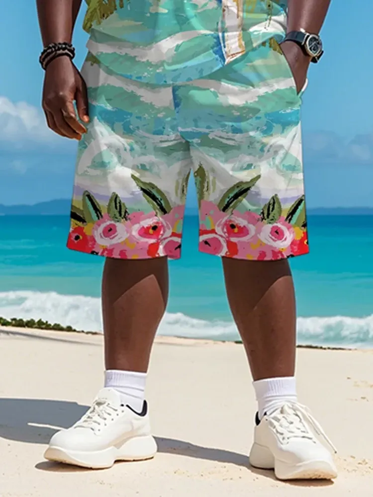 Big & Tall Men'S Hawaiian Coconut Flower Graffiti Print Round Neck Short Sleeve T-Shirt Shorts Suit