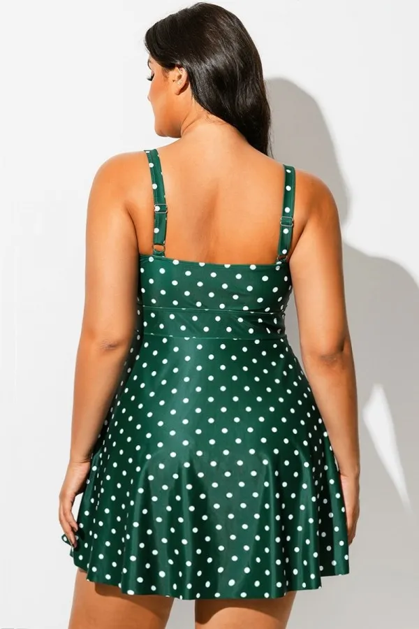 Green Polka Dot Crossover Flutter Hem Swimdress