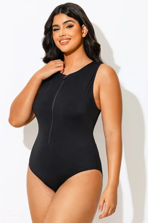 Black Sleeveless Zip Up Sculpting One Piece Swimsuit
