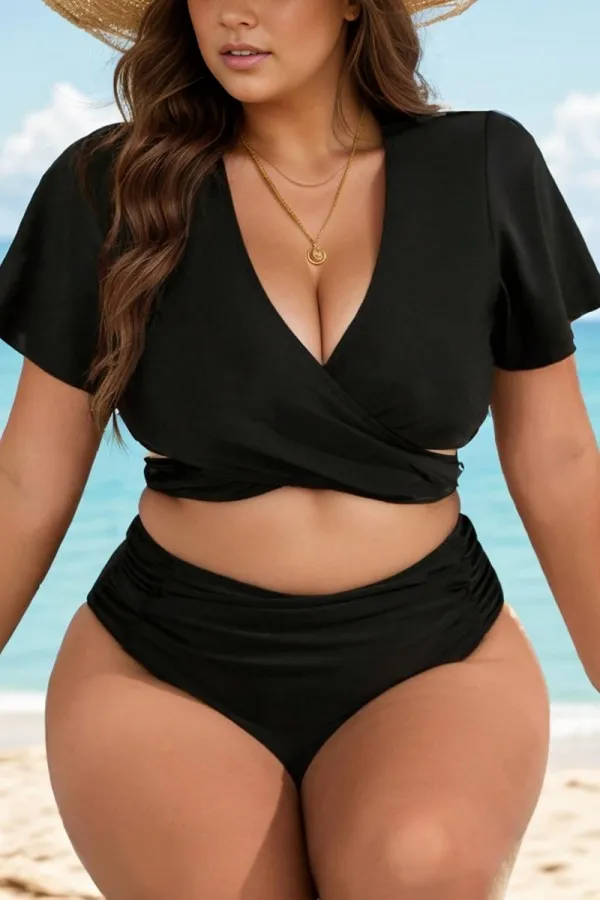 Black Solid V-Neck Ruched Bikini Top