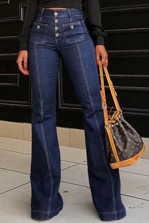 Wash Button Fly Seam Front High Rise Flare Jeans