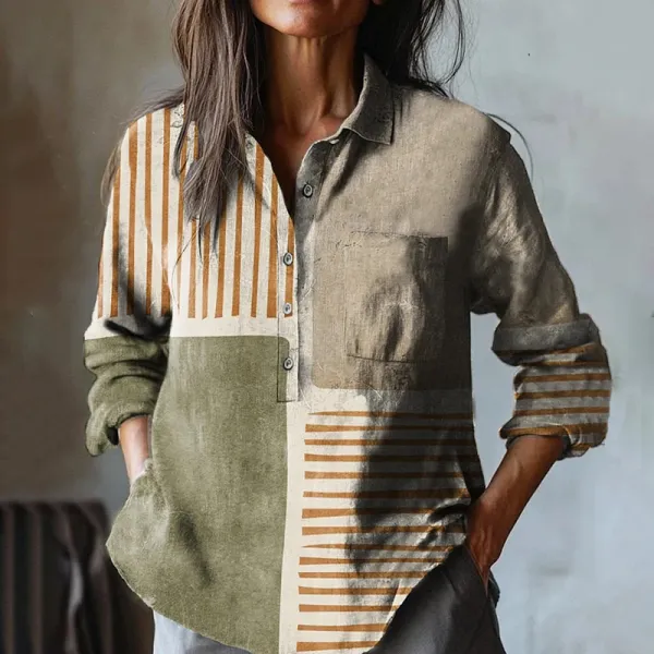 Women's Geometric Abstract Art Print Casual Cotton And Linen Shirt
