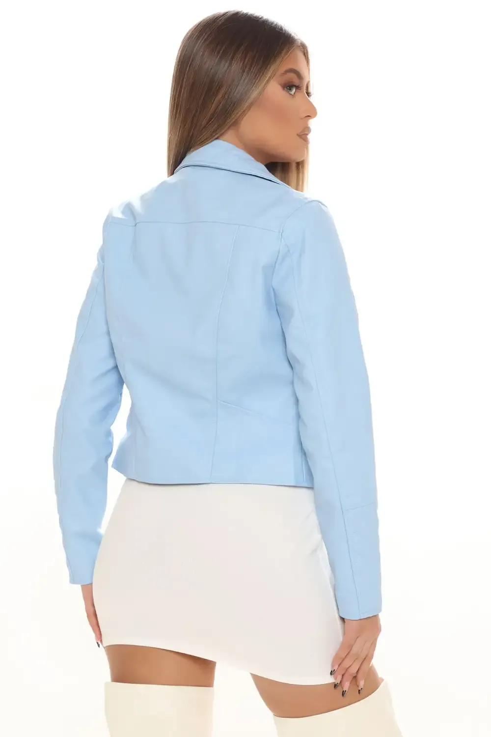 Out For A Ride Vegan Leather Moto Jacket - Light Blue