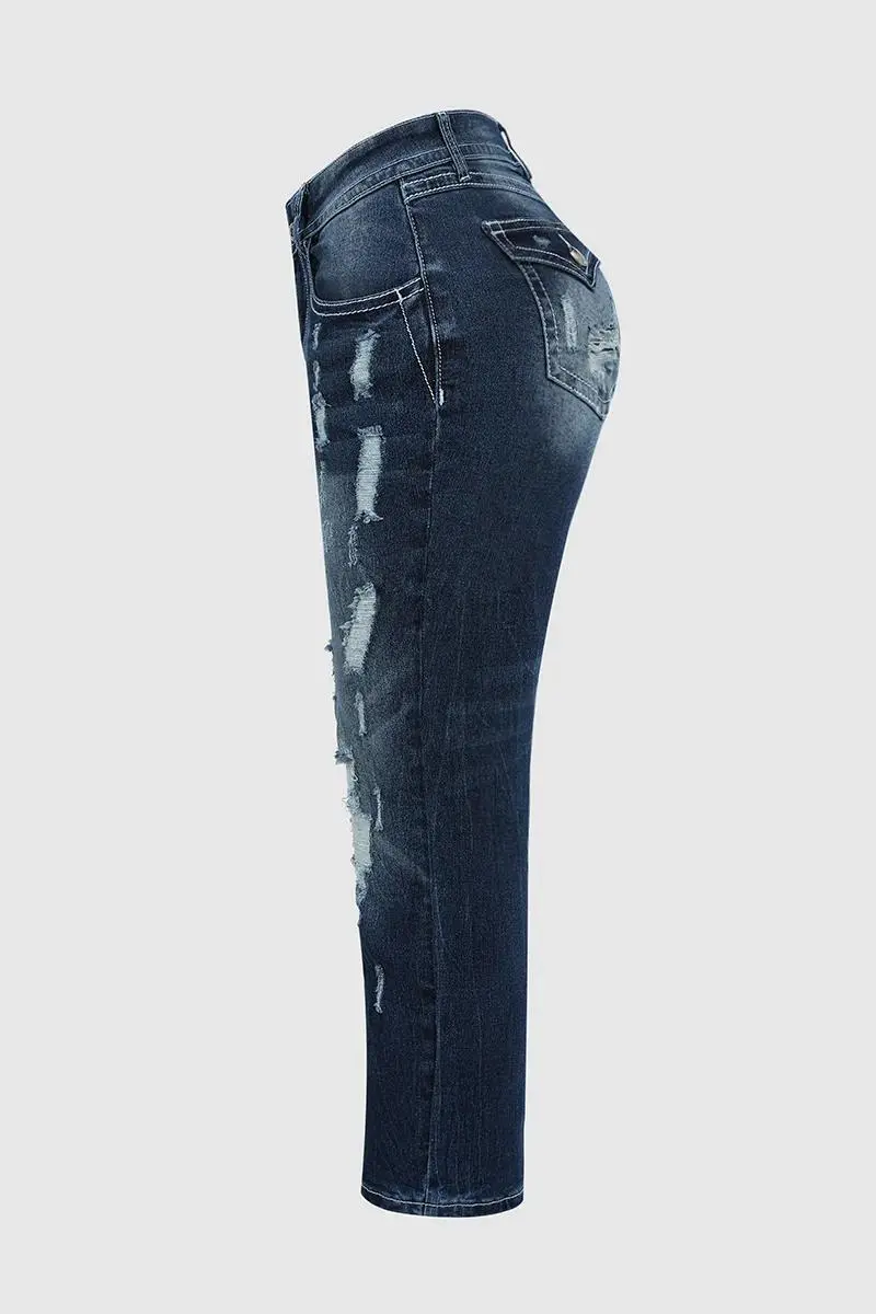 Ripped Washed Roll Hem Mid Waist Cropped Jeans