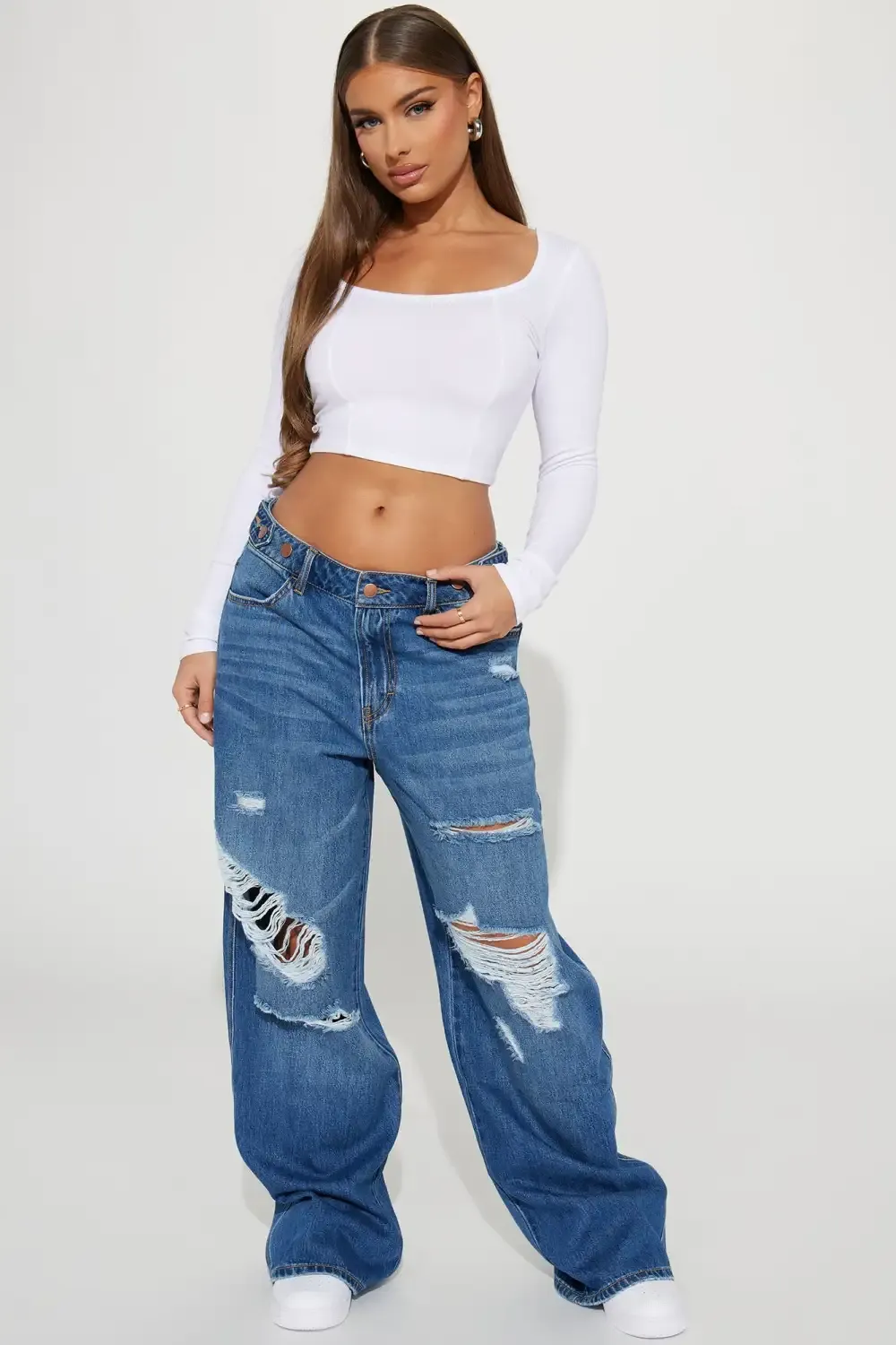 Rosaline Ripped Loose Straight Leg Jeans - Dark Wash