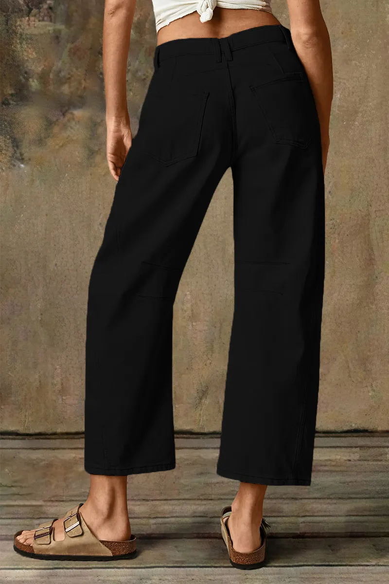 Solid Stitch Detail Mid Waist Crop Straight Leg Jeans Without Belt