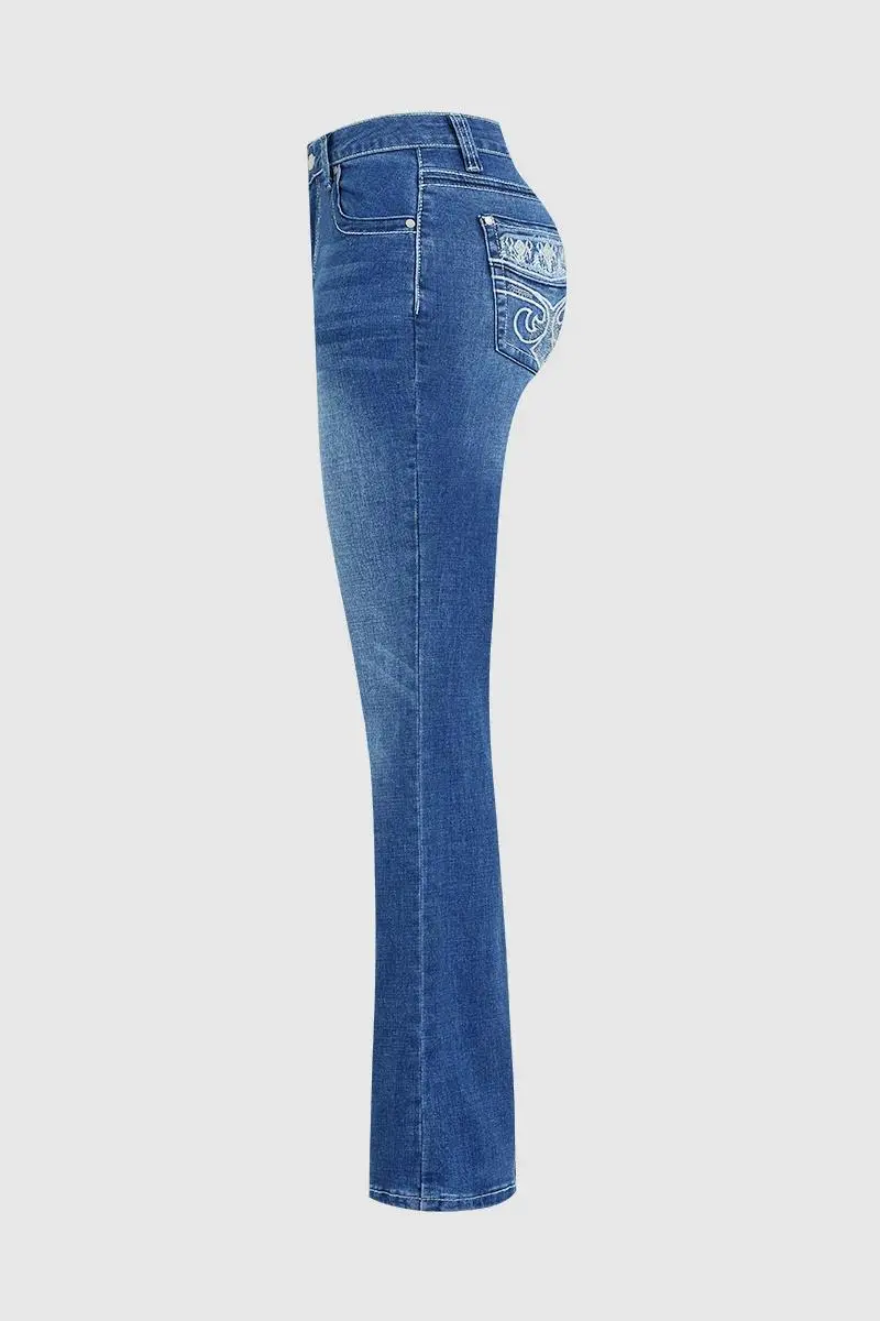 Wash Baroque Embroidery Mid Rise Bootcut Jeans Without Belt