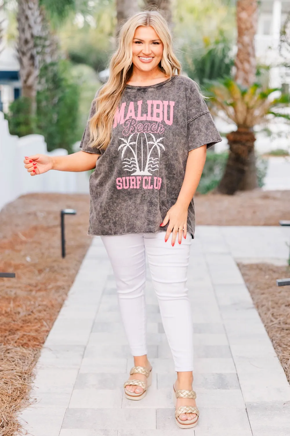 Malibu Surf Club Distressed Boyfriend Tee, Ash Black