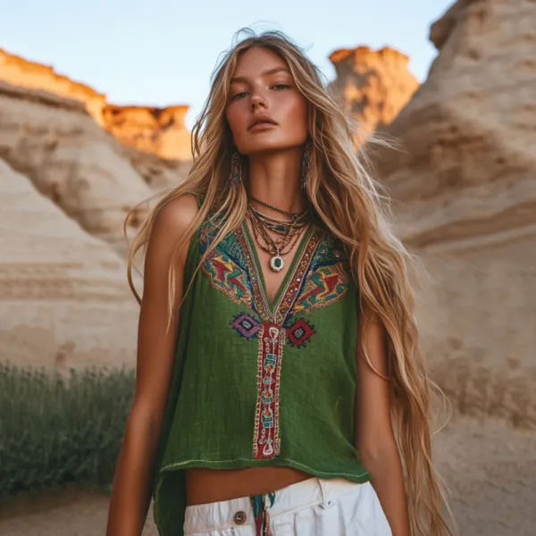 Women's Bohemia Floral Ethnic Style Linen V-neek Sleeveless Top