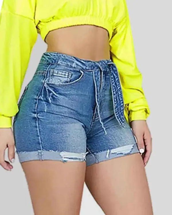 Tie Front High Waist Roll Hem Denim Shorts