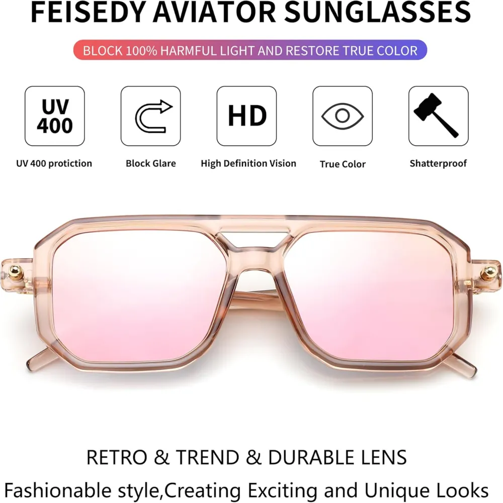FEISEDY Vintage Square 70s Flat Aviator Sunglasses Women Men Classic Retro Stylish Frame UV400 Sunglasses B2622