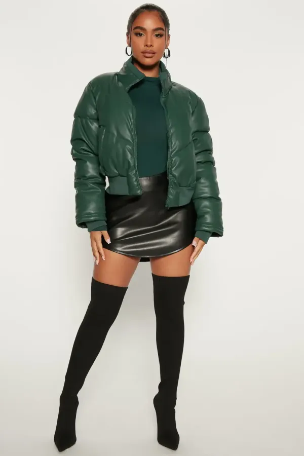 No Excuses Faux Leather Puffer Jacket - Hunter