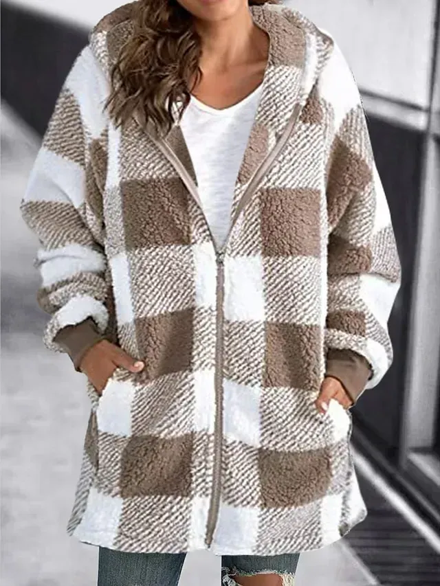 Women's Fleece Jacket Fleece Basic Pocket Zip Up Black Light Green Red Plaid Street Casual Hoodie Long Sleeve Top Micro-elastic Fall & Winter