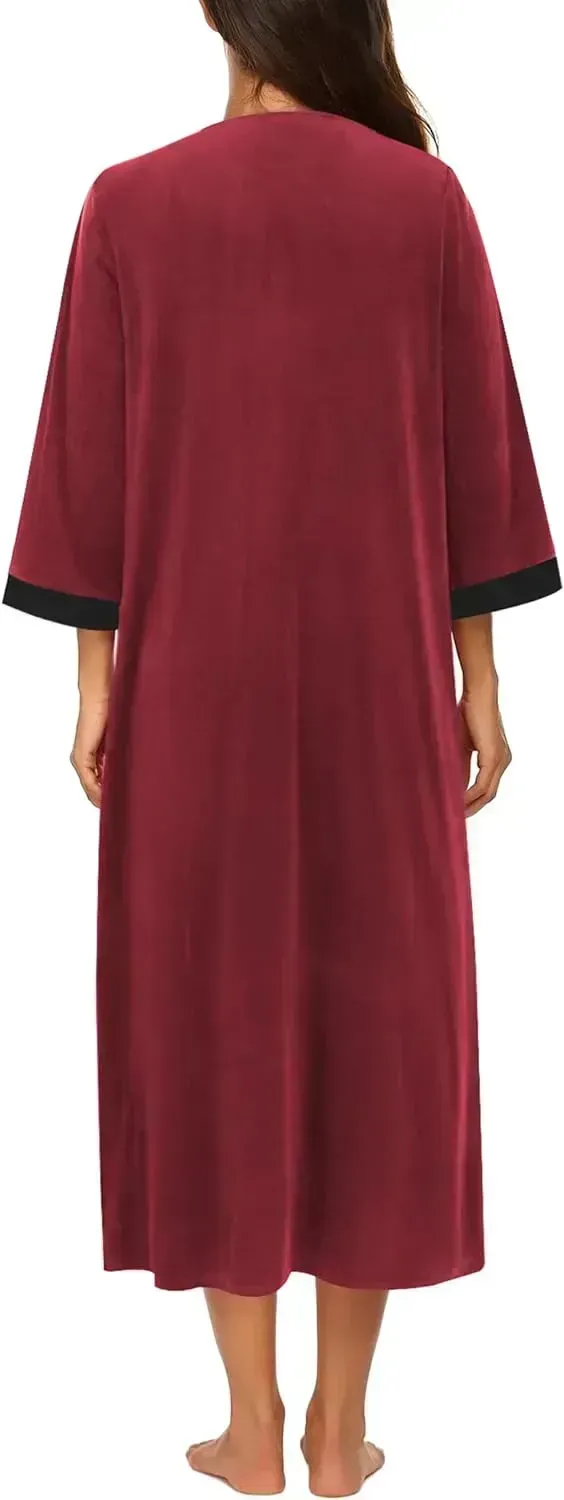 Women Zipper Robe 3/4 Sleeves Loungewear Dress Full Length Sleepwear Pockets Housecoat Nightgown Long Bathrobe