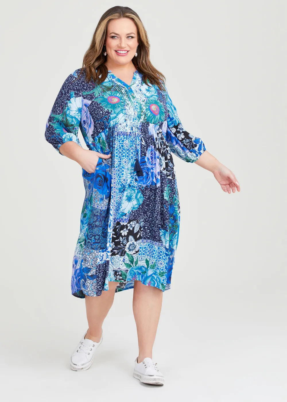 Natural Blue Tile Pintuck Dress