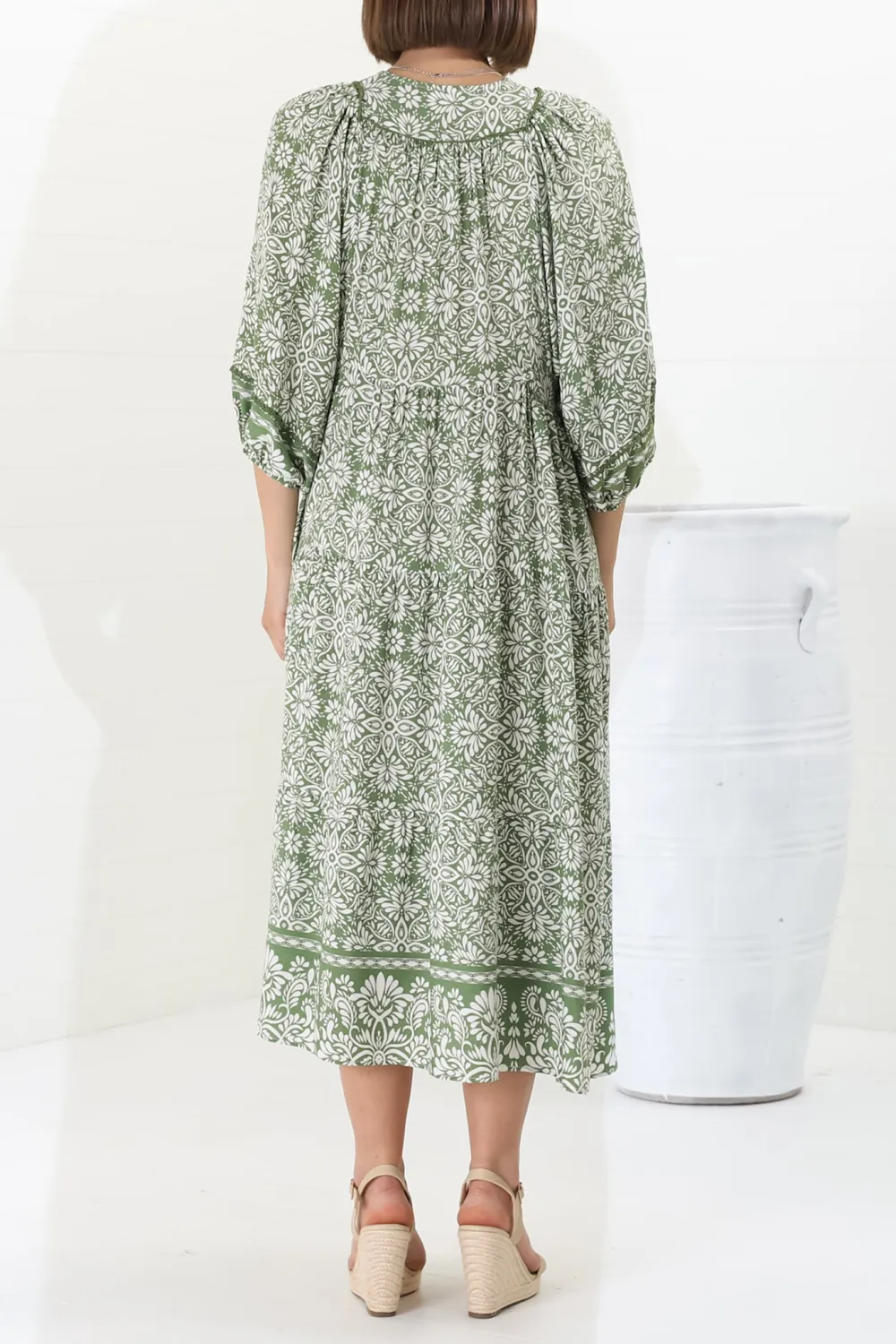 Green Patterned Lantern Sleeve Midi Dress