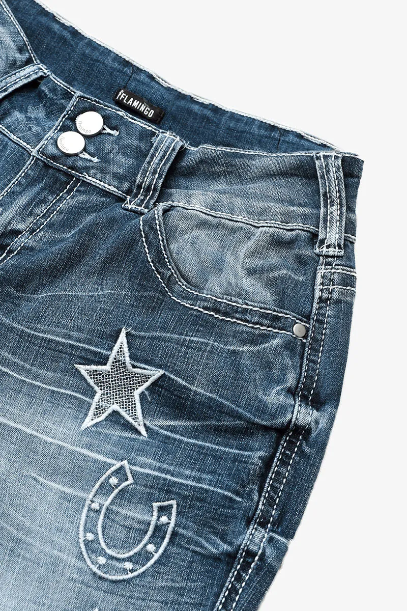 Star & Moon Pattern Double Button Mid Rise Flare Jeans