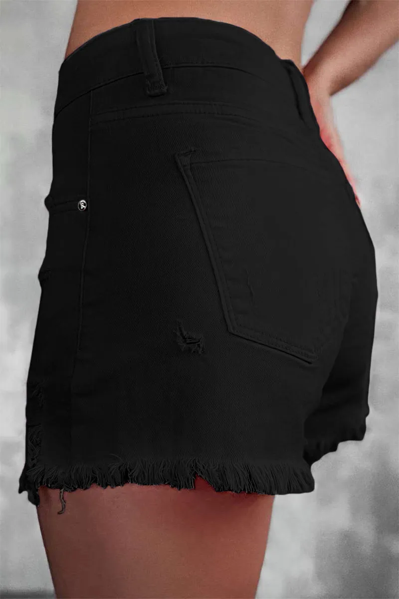 Solid Ripped Raw Hem Button Fly Mid Rise Denim Shorts