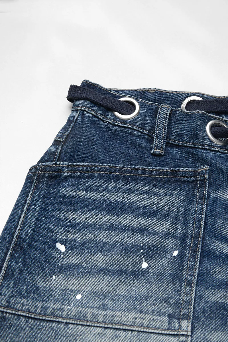 Drawstring Grommet Eyelet Mid Waist Barrel Jeans