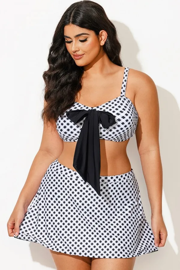 Black & White Check Knotted Crop Bikini Top