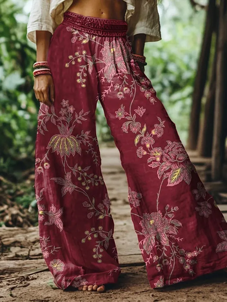 Women's Vintage Bohemia Floral Pattern Linen Blend Casual Pants