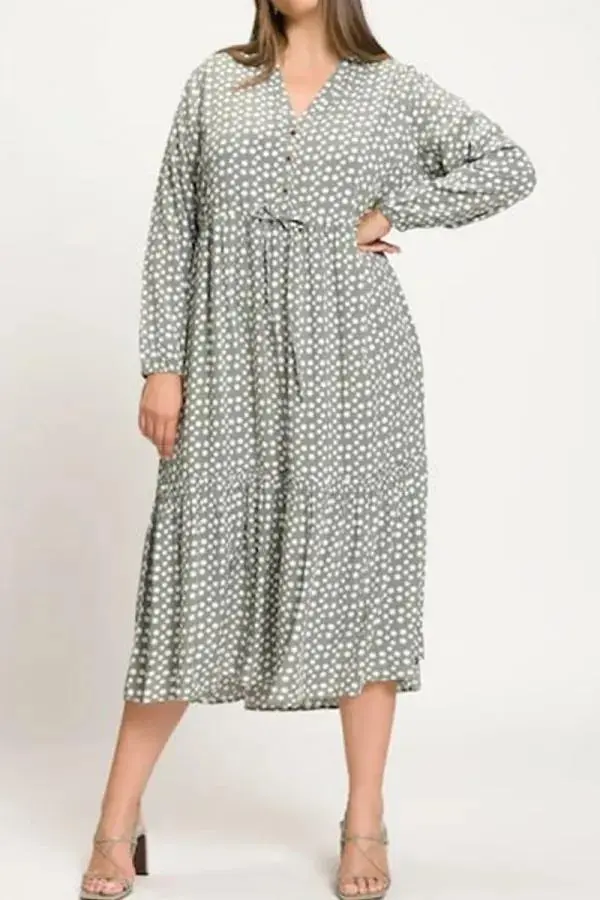 Dot Print Button Tie Waist Ruffled Hem Dress