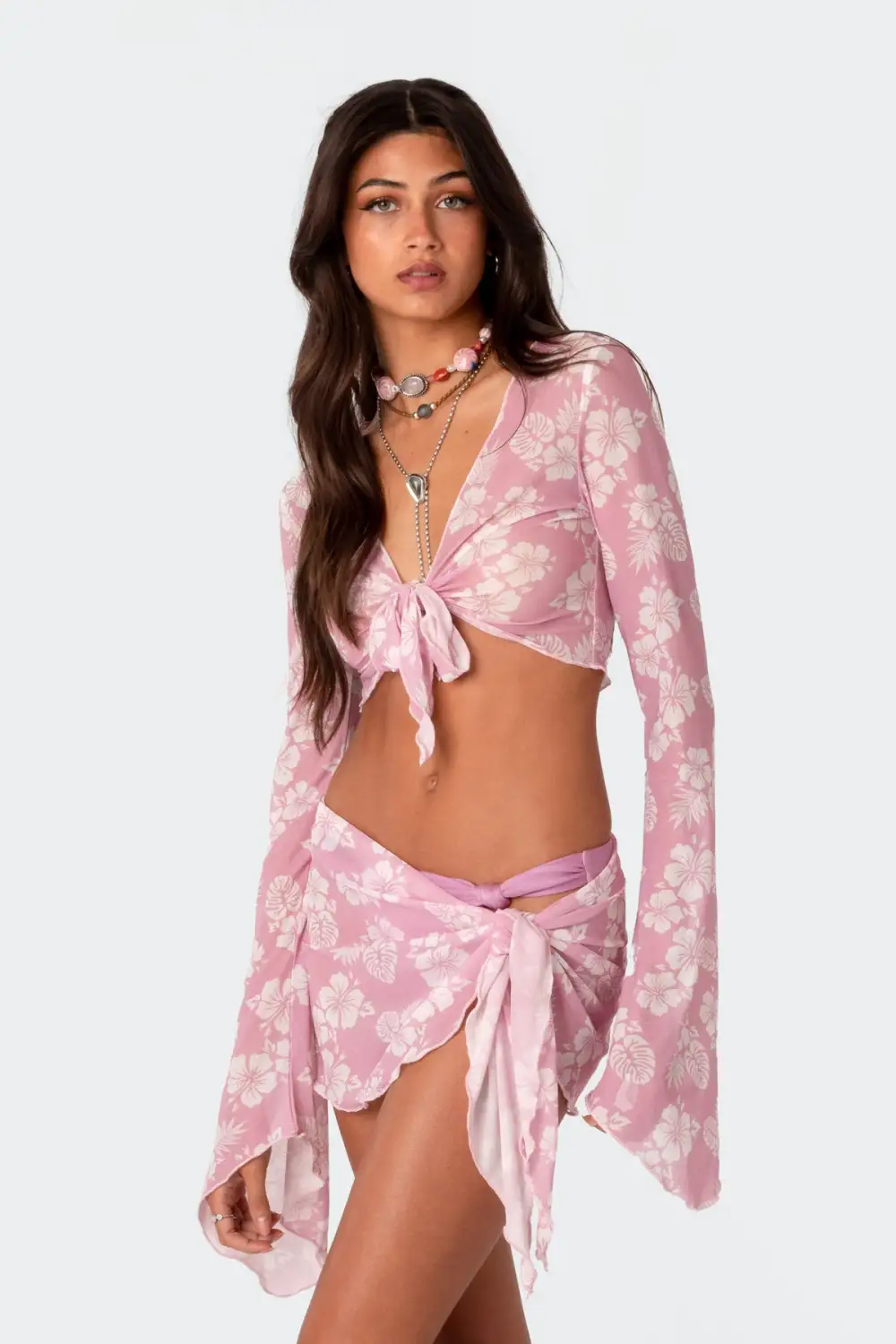 Hibiscus Tie Front Mesh Crop Top