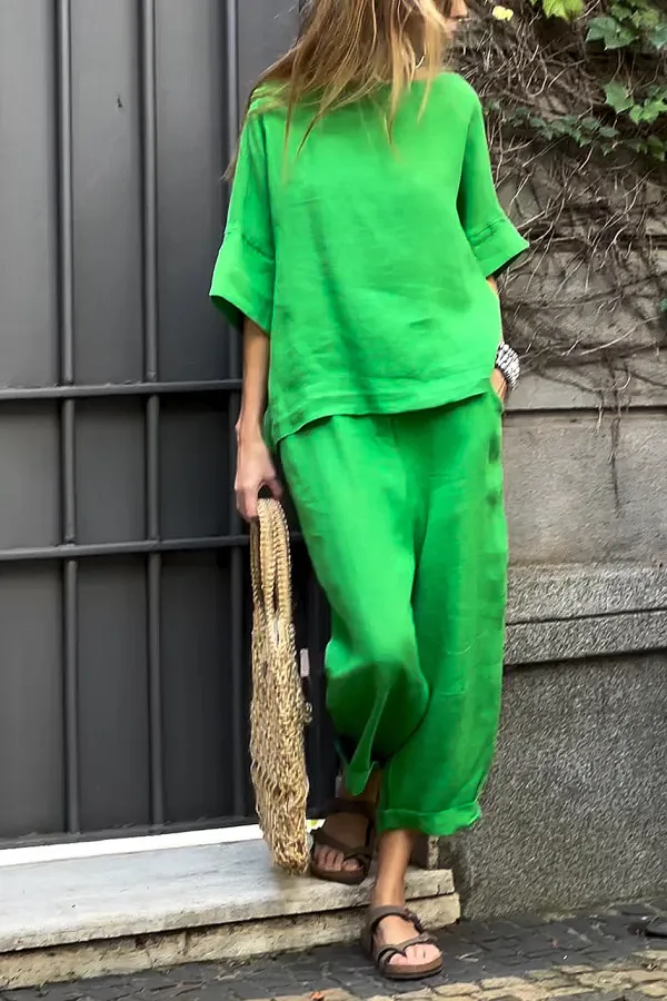 Women'S Casual Cotton And Linen Top And Pants Two-Piece Set