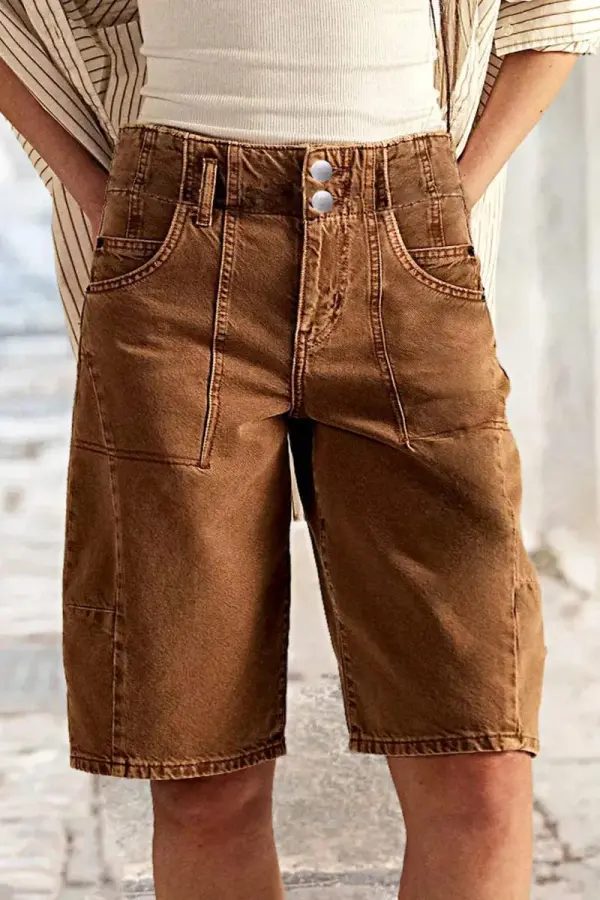 Double Button Stitch Detail Mid Waist Straight Leg Denim Bermuda Shorts
