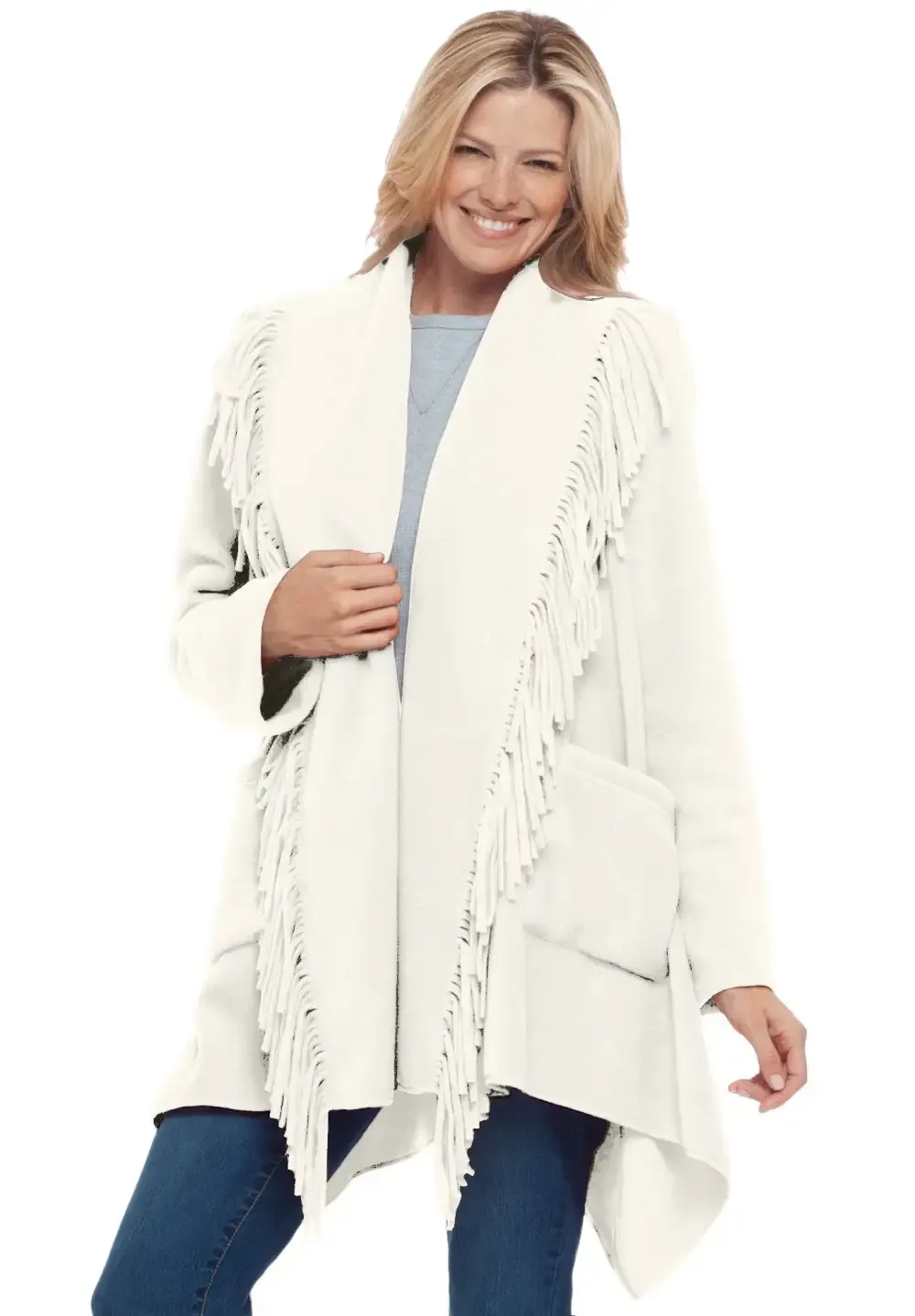 Fringed Shawl Collar Fleece Jacket