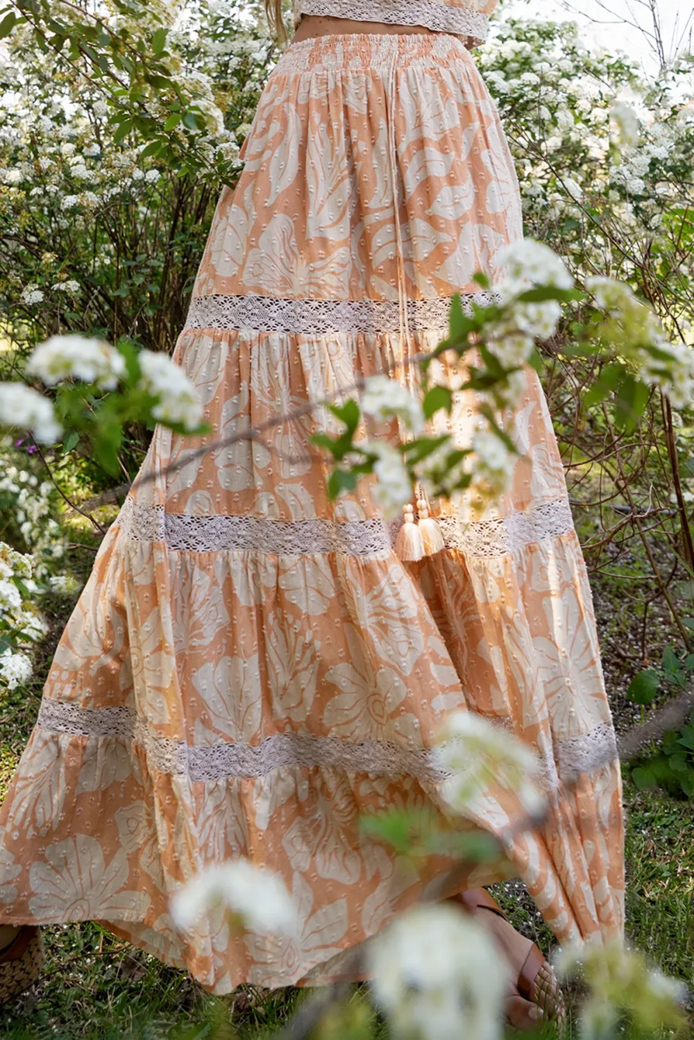 Peach Toned Floral Print Ruffled Maxi Skirt