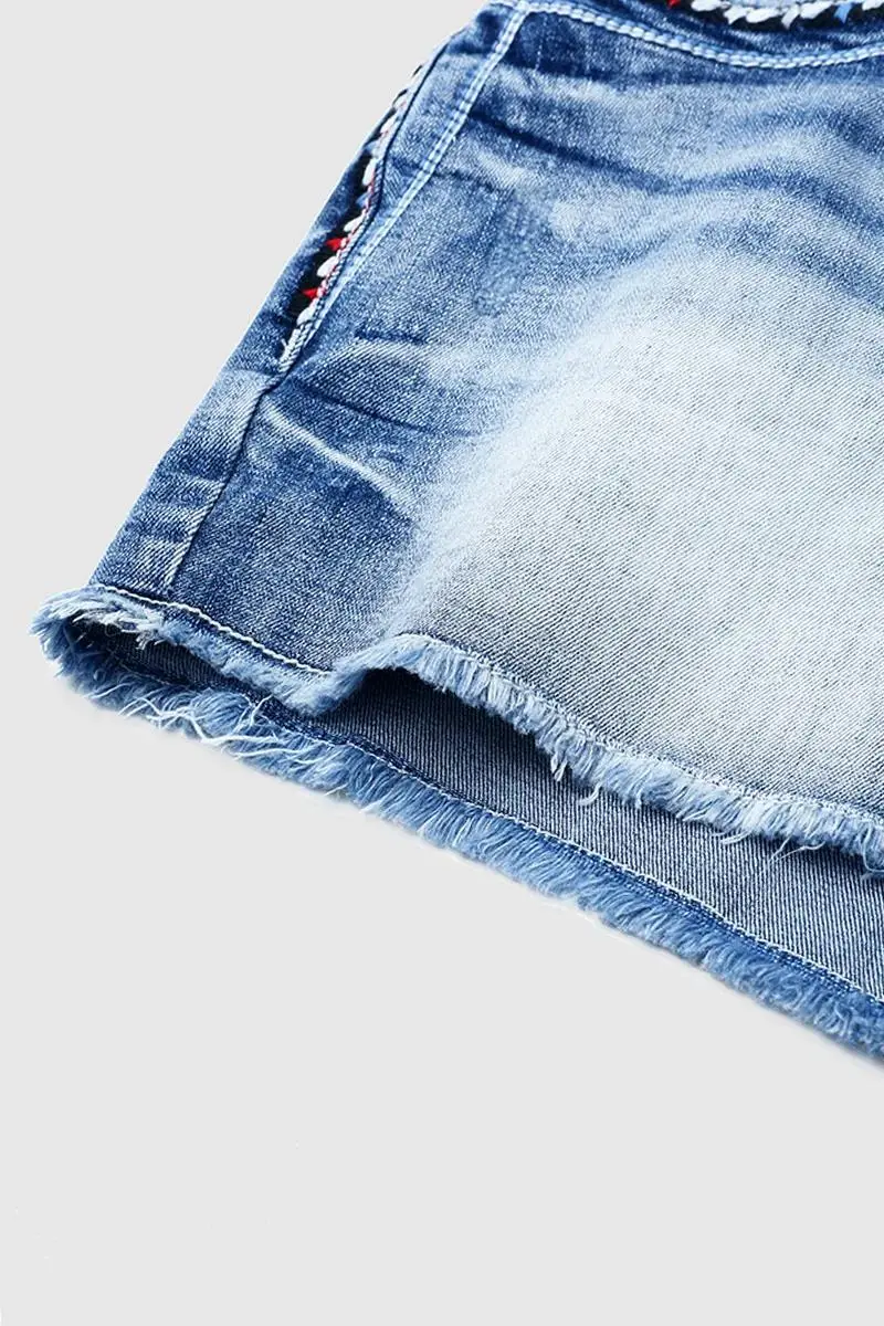 Raw Hem Stitch Detail Mid Rise Denim Shorts