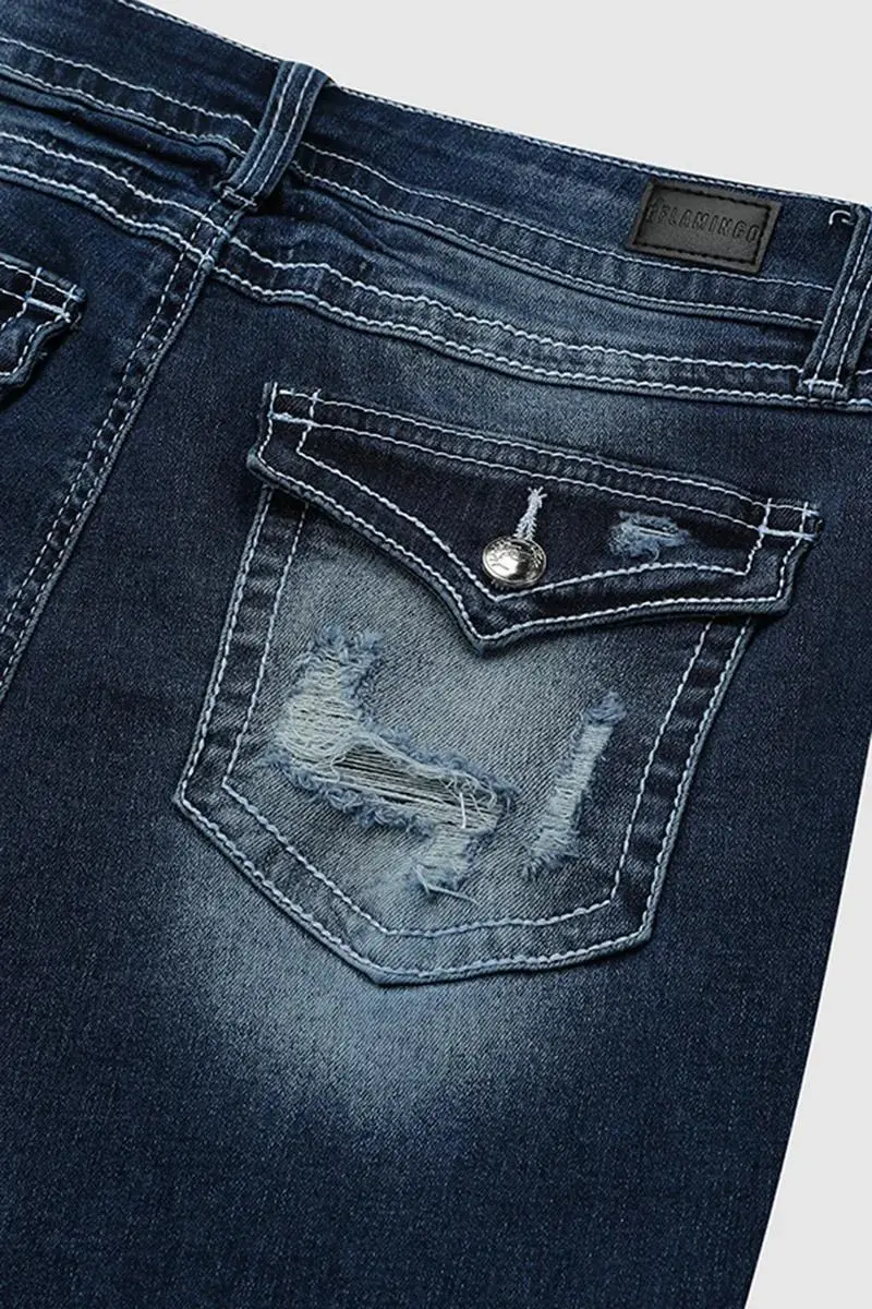 Ripped Washed Roll Hem Mid Waist Cropped Jeans