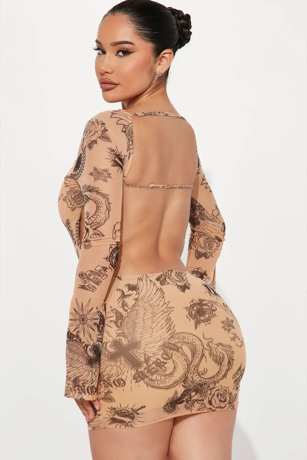 Tattoo Obsessed Mesh Mini Dress - Nude/combo