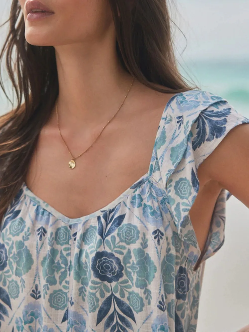 Leisure Loose Blue Floral Print V-Neck Dress