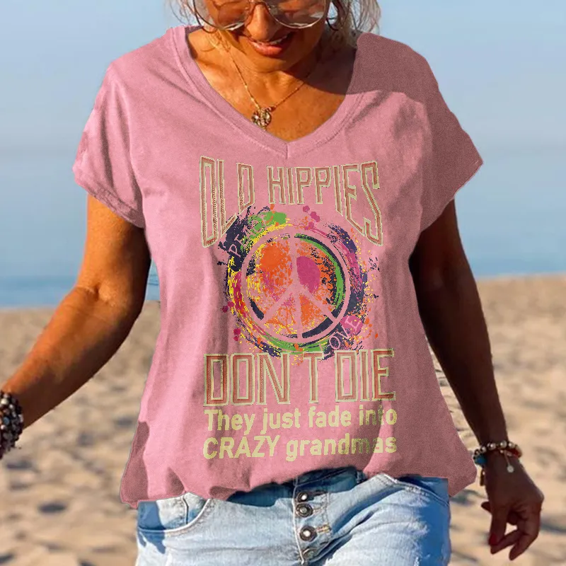 V-neck Old Hippies Don't Die Printed Graphic Tees