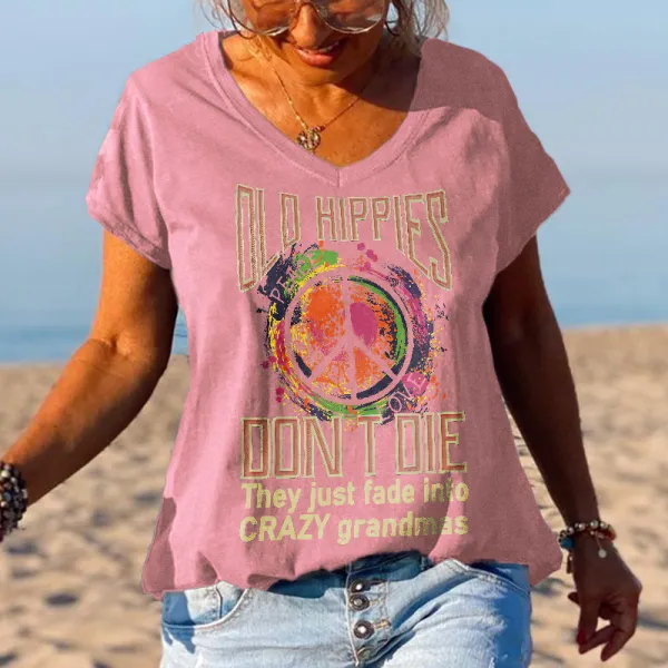 V-neck Old Hippies Don't Die Printed Graphic Tees