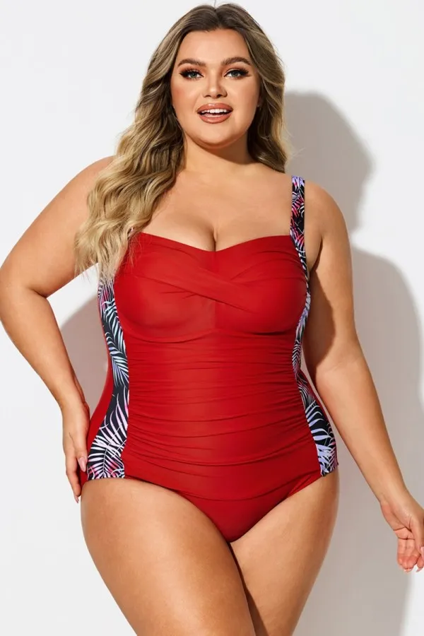 V-Neck Leaf Print Tummy Control One Piece Swimsuit
