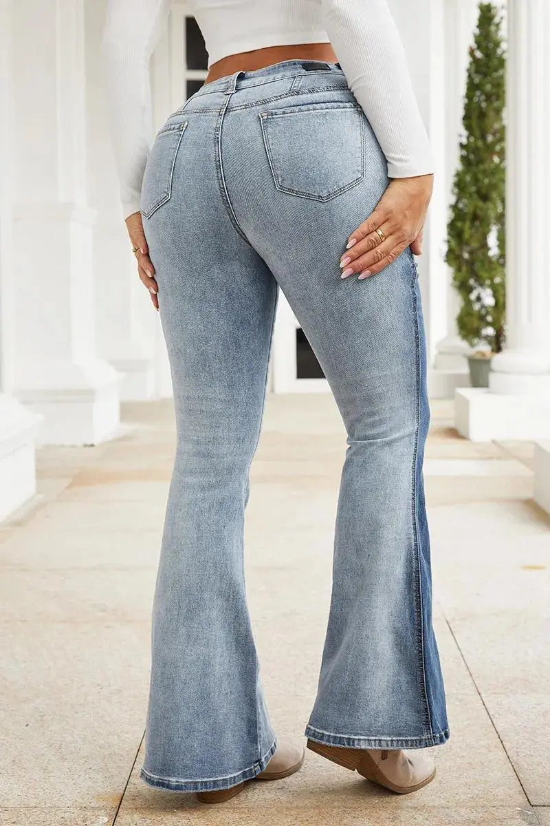 Cut & Sew Button Fly Mid Waist Flare Jeans