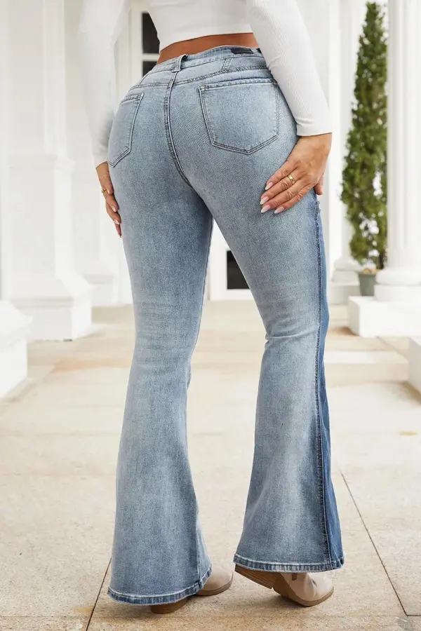 Cut & Sew Button Fly Mid Waist Flare Jeans