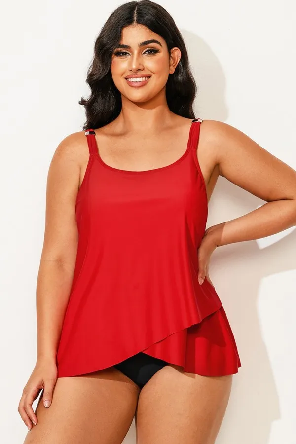 Solid Red Flowy Front Full Straight Back Tankini Top