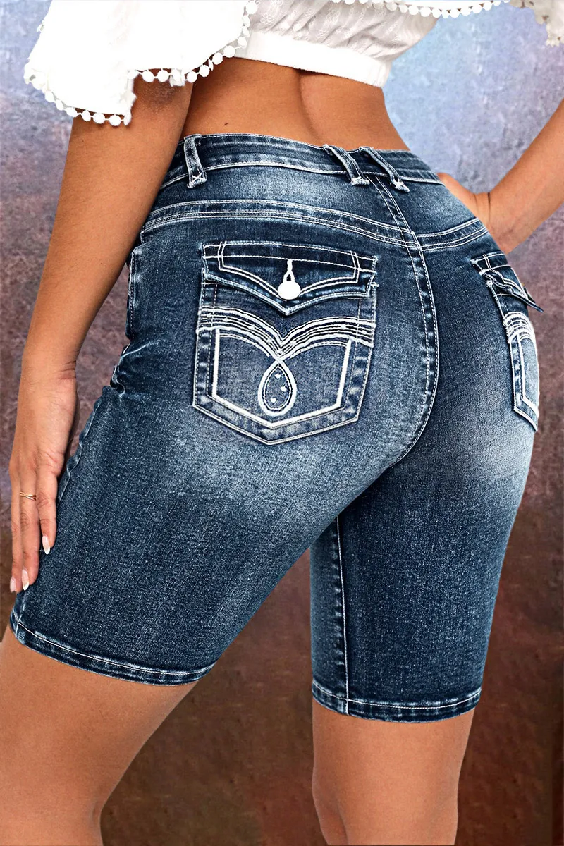 Embroidery Flap Pocket High Rise Denim Mid Thigh Shorts