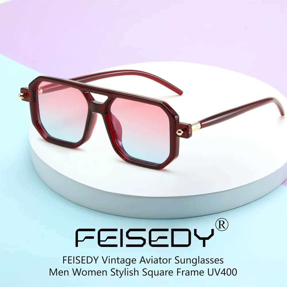 FEISEDY Vintage Square 70s Flat Aviator Sunglasses Women Men Classic Retro Stylish Frame UV400 Sunglasses B2622