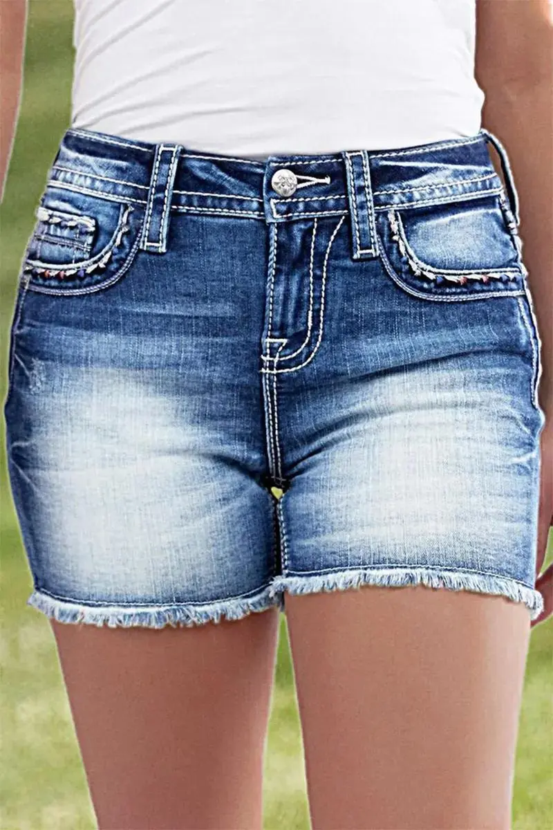 Raw Hem Stitch Detail Mid Rise Denim Shorts