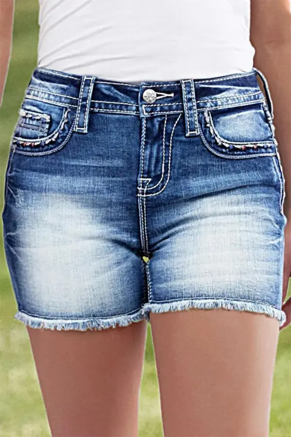 Raw Hem Stitch Detail Mid Rise Denim Shorts