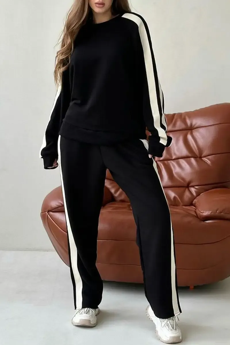 Women's Round Neck Long Sleeve Striped Design Casual Suit